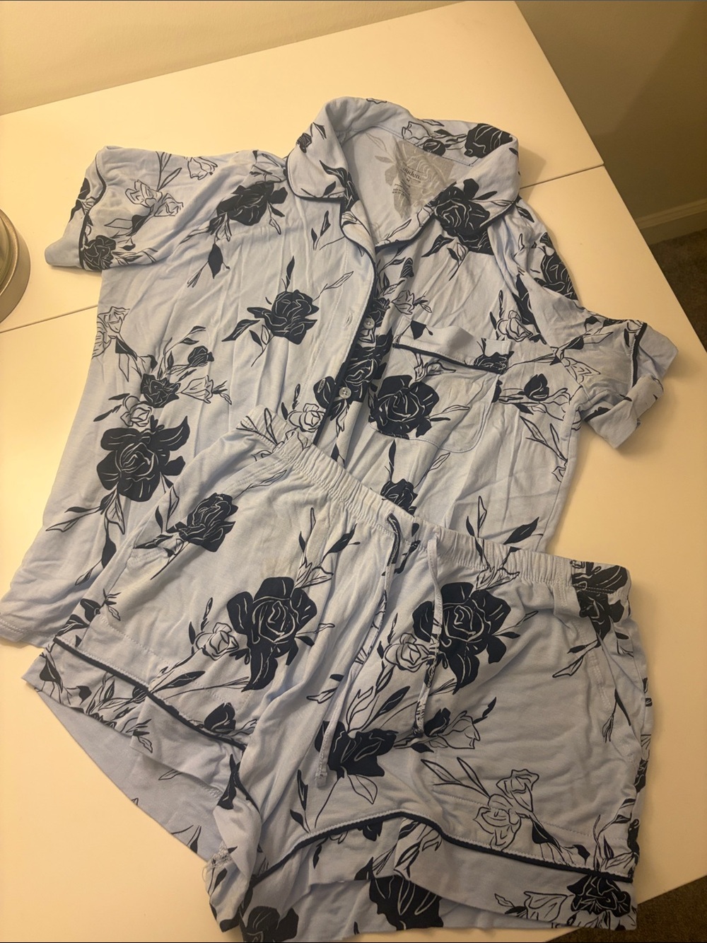 Auden Blue and Navy Floral Print Short Sleeve and Shorts Pajama Set